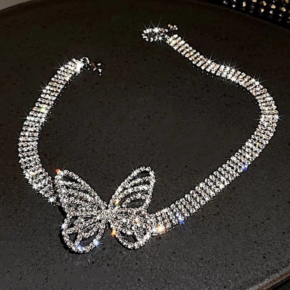 White Gold 18K GP Crystal Butterfly Choker Necklace - Picture 2 of 7